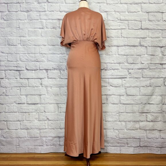 Anthropologie BHLDN Leila Deep V Flutter Sleeve Satin A-Line Gown in Sedona - Picture 2 of 6